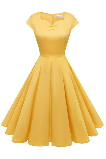 Vestido amarelo do pescoço do pescoço dos anos 50